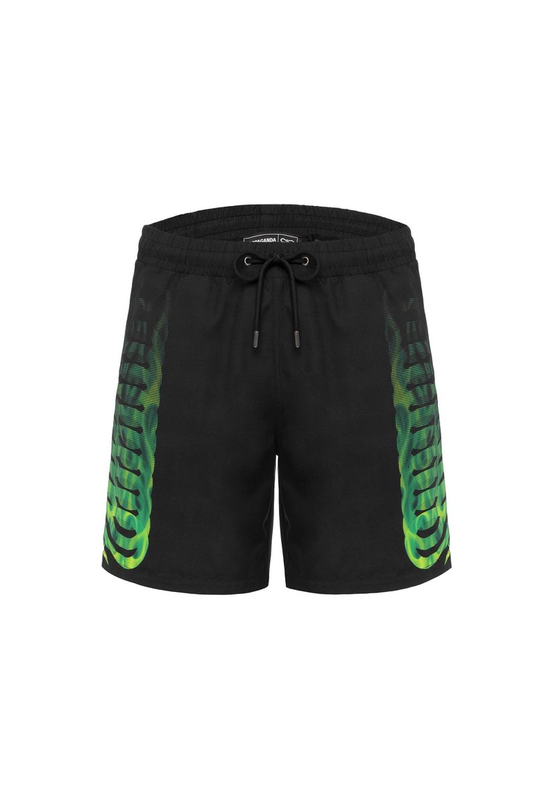 Costume da bagno neri con elastico in vita, caratterizzati da una grafica a gradiente verde lungo il lato. Realizzati in materiale leggero e ad asciugatura rapida.