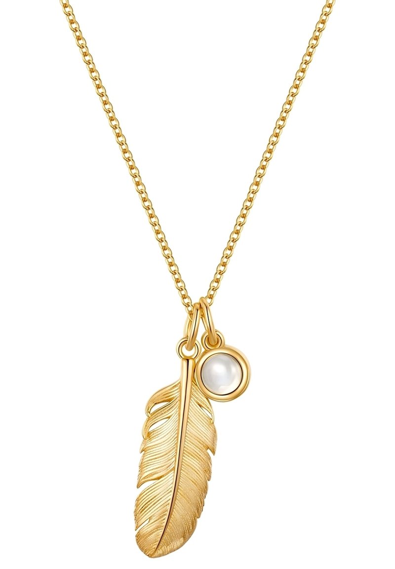 Zlati obesek v obliki peresa z bisernim poudarkom, ki vsebuje zapleteno detajliranje peresa in fino zlatim verižico.