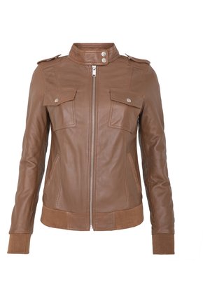 Brown leather jacket featuring a high collar, zippered front, two chest pockets, and ribbed cuffs and waistband. Smooth texture with a fitted design.