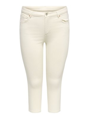 Tamsiai kreminės spalvos siaurėjančių trumpintų džinsų su penkiomis kišenėmis, priekyje su sagomis ir užtrauktuku užsegamas, vaizdas ant balto fono.