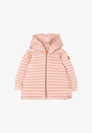 Veste à capuche matelassée pour enfants rose clair avec fermeture éclair devant et poignets élastiques, présentée sur fond blanc.