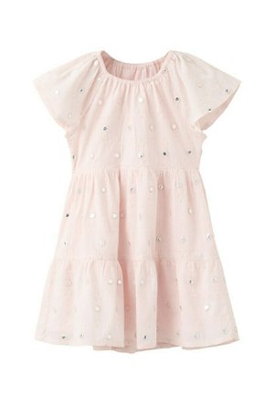 Vestito corto rosa a maniche corte con scollo elastico, decorato con pois sparsi di paillettes argento.