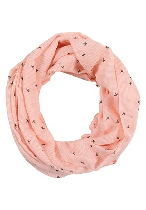 Hellrosa Infinity-Schal mit kleinen dunklen Vogelmustern und dezenten vertikalen Streifen, zu einer kreisförmigen Schlaufe drapiert.