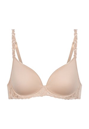 Beige padded bra with underwire, smooth cups, and embroidered lace detailing on band and adjustable straps.
