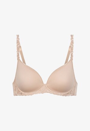 Beiger gepolsterter Bügel-BH mit glatten Cups und bestickten Spitzenakzenten am Bund und den verstellbaren Trägern.