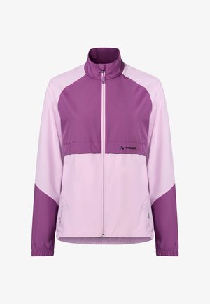 Veste zippée pour femmes de couleur rose clair et violette, avec col montant, poignets élastiques et logo Vaude sur la poitrine, conçue pour une utilisation en extérieur.