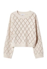 Pull en maille couleur crème avec motif ajouré en forme de losange, col rond, manches longues, poignets et ourlet côtelés.