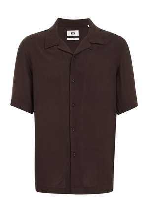 Camicia a maniche corte in tessuto marrone scuro, con colletto a punte, chiusura frontale con bottoni e una vestibilità comoda con orlo dritto.