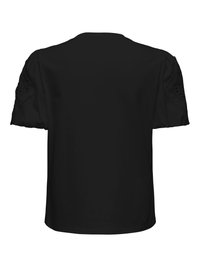 Zwarte korte mouwenblouse met ronde hals en kantdetail op de mouwen, gezien vanaf de achterkant.