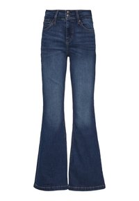 Donkerblauwe uitlopende jeans met een hoge taille, sluiting met twee knopen en een klassiek vijf-pocket ontwerp. Soepele denimtextuur met vervaagde accenten.