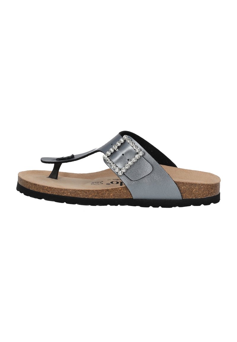 Glittery silver flip-flop sandal with a faux leather upper, cork footbed, and black rubber sole. Features rhinestone-accented buckle detail.