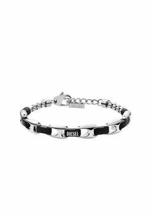 Bracciale a catena argento e nero con maglie ovali, dotato di inserti in gomma e una chiusura. Contrassegnato con "DIESEL" su un piccolo cartellino metallico.