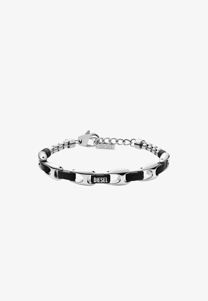 Bracciale a catena argento e nero con maglie ovali, dotato di inserti in gomma e una chiusura. Contrassegnato con "DIESEL" su un piccolo cartellino metallico.