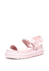 Sandali rosa con un design a punta aperta, dotati di due cinturini regolabili e una suola spessa e texturizzata con un motivo a zigzag.