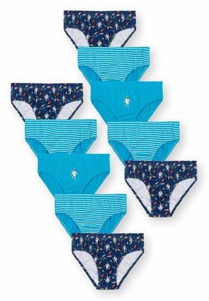Dieci paia di mutandine per bambini: due fantasie blu navy con motivi spaziali, quattro pezzi solidi turchesi e due modelli a righe blu.