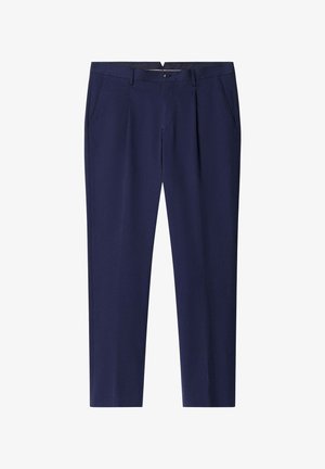 Mariene blauwe broek van gladde stof, met een rechte snit, voorplooien, schuine zijzakken en een knoopsluiting.