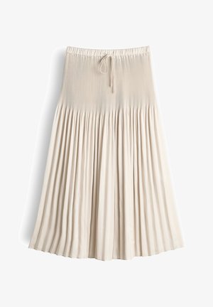 Gonna beige plissettata con vita aderente a coste e coulisse, tessuto fluido sotto l'orlo al ginocchio.