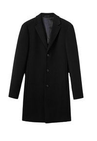 Sort uldfrakke med spidse klapper, fem-knaps front og to sidelommer. Glat indvendig for og skræddersyet pasform, mellemlang længde.