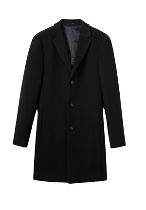 Schwarzer Wollmantel mit Reverskragen, fünf Knöpfen an der Vorderseite und zwei Seitentaschen. Glatte Innenseite und taillierte Passform, mittlere Länge.