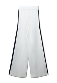 Pantaloni a gamba larga in tessuto bianco, con strisce laterali nere. Texture liscia e cintura elastica per comfort e vestibilità.
