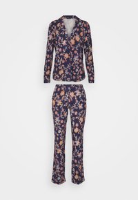 Marinblommig pyjamasset bestående av en långärmad skjorta och byxor med dragsko, med flerfärgade blommönster, slät textur och skräddarsydd passform.