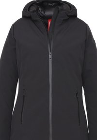 Giacca nera impermeabile con cappuccio, zip frontale e tasche laterali. Texture liscia con un design elegante. Adatta per l'uso all'aperto.