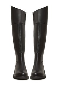Black leather knee-high boots with a smooth finish. Featuring a rounded toe and a side zipper for easy wear. Classic and sleek design.