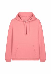 Felpa con cappuccio rosa realizzata in tessuto morbido, con tasca frontale, polsini e orlo a costine, e cordini regolabili sul cappuccio.