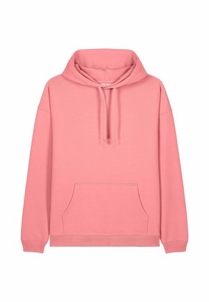 Roze hoodie gemaakt van zachte stof, met een voorzak, ribgebreide manchetten en zoom, en met verstelbare trekkoorden op de capuchon.