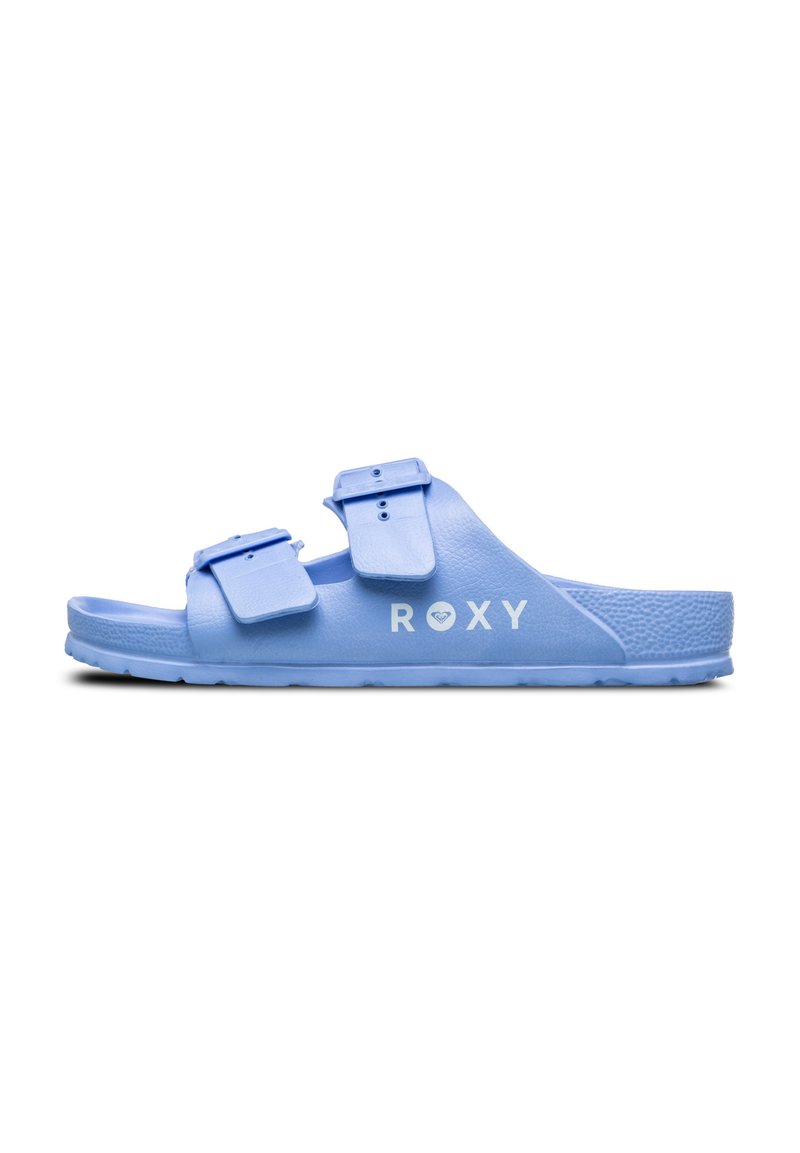 Blauwe slide sandaal met twee verstelbare banden, textuur bovenkant, platte zool en witte "ROXY" logo. Gemaakt van lichtgewicht, duurzaam materiaal.
