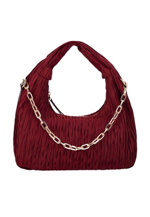 Dybrødt plisseret stofhåndtaske med kort håndtag og aftagelig guldkæde som rem over fronten.