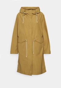 Długa khaki kurtka z kapturem, sznurkiem ściągającym i dwoma przednimi kieszeniami. Wykonana z gładkiego, lekkiego materiału o minimalistycznym designie.
