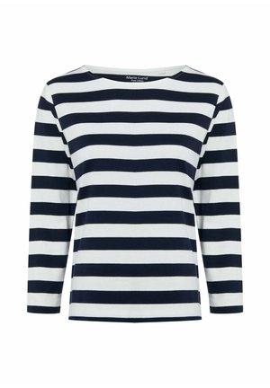 Marineblaue und weiße gestreifte Baumwoll-Langarmbluse mit Bootsausschnitt und geradem Saum. Verfügt über gleichmäßig verteilte horizontale Streifen.