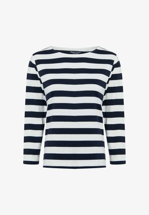 Navy and white striped long-sleeve cotton shirt with a boat neck and straight hem. Features evenly spaced horizontal stripes.