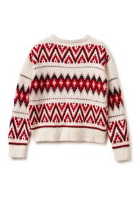 Sweter dzianinowy z okrągłym dekoltem, białym tłem oraz czerwonymi i czarnymi wzorami geometrycznymi. Ściągacze przy mankietach i dolnym wykończeniu oraz krótki fason.