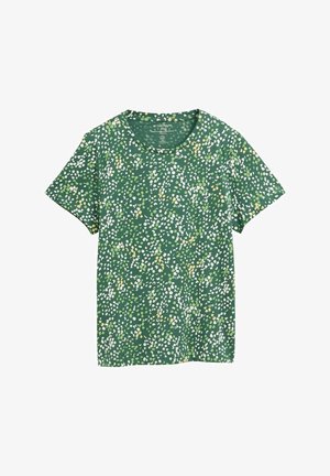 Grünes T-Shirt mit kurzen Ärmeln und Rundhalsausschnitt, verziert mit einem Punktmuster in Weiß und Hellgelb. Glatte Stoffqualität mit lässigem Schnitt.