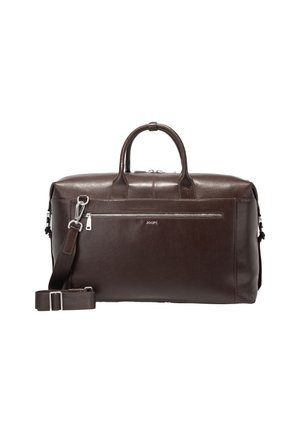 Dark brown leather travel bag with two handles, detachable shoulder strap, and front zip pocket with silver zipper.