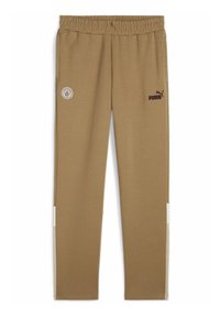 Pantaloni della tuta marroni con vita elastica, dotati di un patch con logo e tasche laterali. Accenti bianchi alla caviglia con una texture morbida.