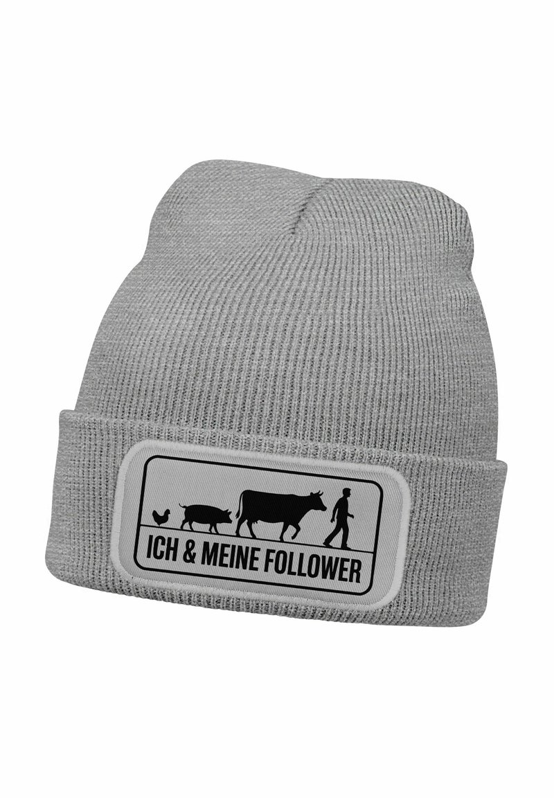 Gray knitted beanie with a fold-over cuff, featuring a graphic patch displaying farm animals and text "ICH & MEINE FOLLOWER" in black.