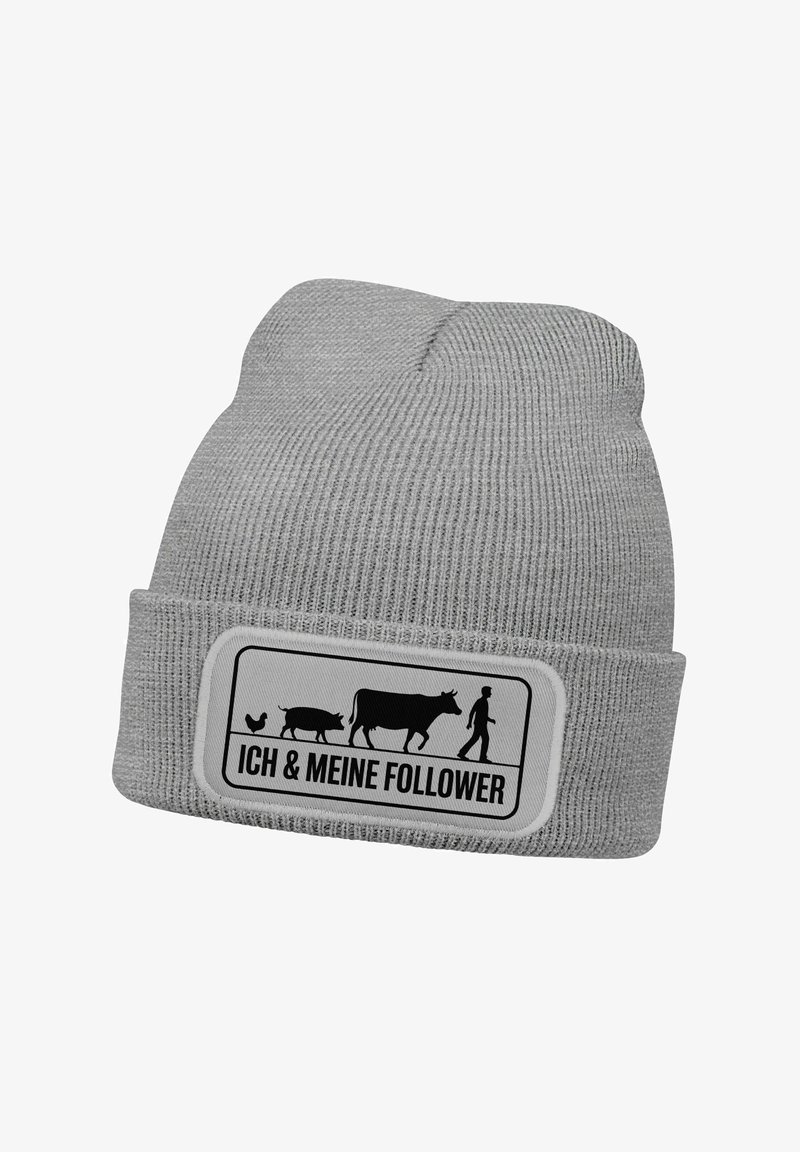 Gray knitted beanie with a fold-over cuff, featuring a graphic patch displaying farm animals and text "ICH & MEINE FOLLOWER" in black.