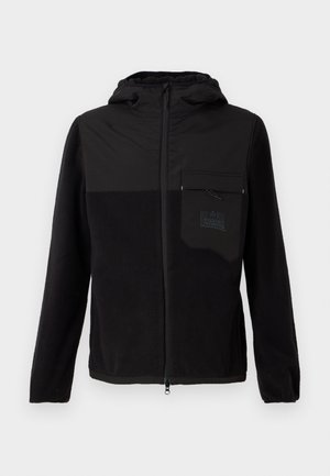 Zwarte hoodiejack met fleece en gladde stof, ritssluiting, voorzak en een logo op de borst.