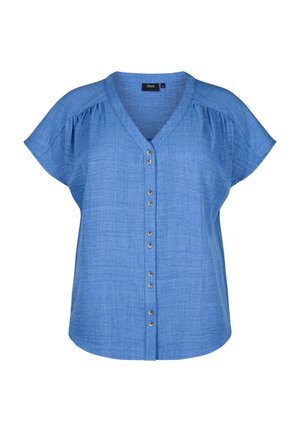 Blue woven shirt with a V-neck and short dolman sleeves. Features contrasting brown buttons and a relaxed fit. Soft, textured fabric.