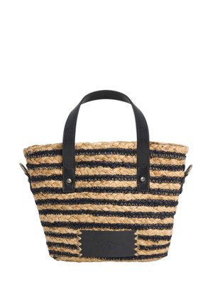 Borsa a tracolla in paglia tessuta con motivo a righe nere e naturali, manici in pelle e una patch con logo impresso sul davanti.