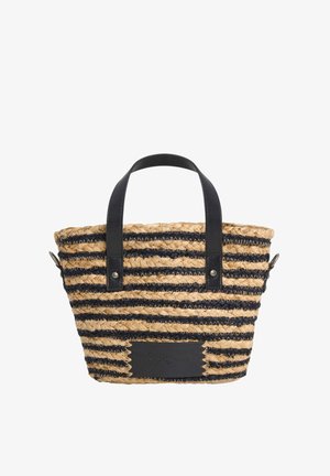 Borsa a tracolla in paglia tessuta con motivo a righe nere e naturali, manici in pelle e una patch con logo impresso sul davanti.