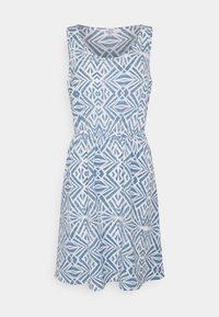 Blue and white sleeveless dress with an abstract geometric pattern, cinched waist, and a flared skirt, made of lightweight fabric.