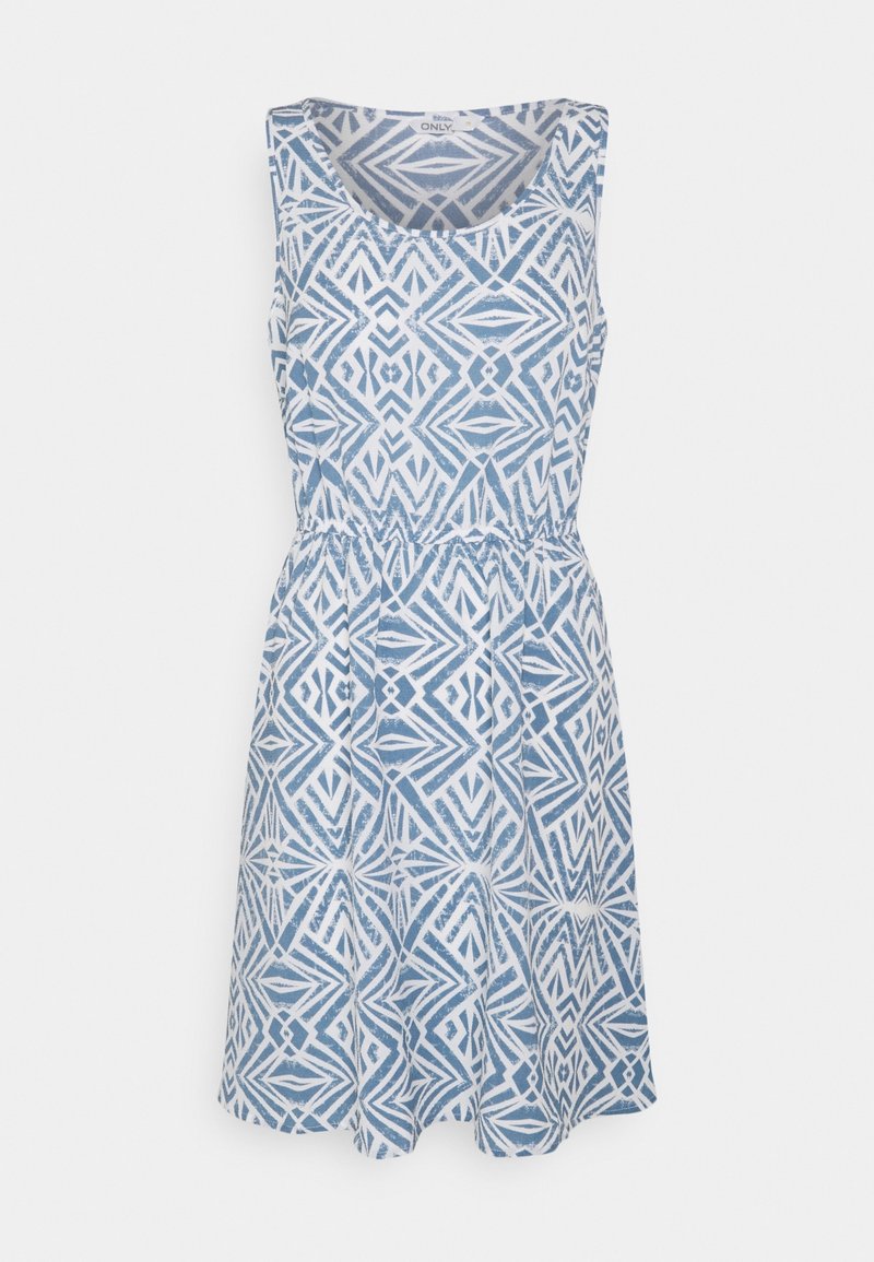 Blue and white sleeveless dress with an abstract geometric pattern, cinched waist, and a flared skirt, made of lightweight fabric.