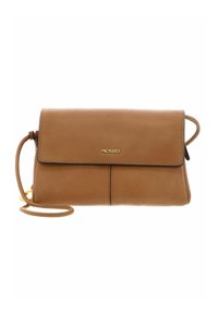 Handtasche aus cognacfarbenem Leder mit Klappverschluss, goldenem Logo und abnehmbarem Schulterriemen. zeichnet sich durch klare Linien und minimalistisches Design aus.