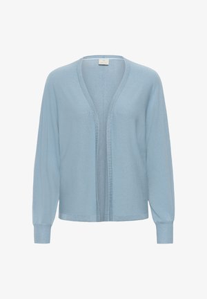 Gaiši zils atvērts kardigans ar garām piedurknēm un ribotām aprocēm, attēlots uz balta fona.