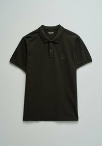 Schwarzes kurzärmeliges Poloshirt mit zwei Knöpfen, Kragen und kleinem quadratischem Logopatch auf der Brust von Salsa Jeans.