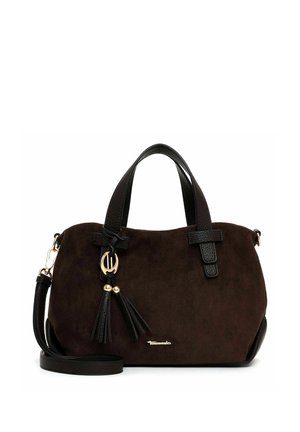 Borsa in suede marrone scuro con manici in pelle nera, tracolla staccabile e nappine decorative con dettagli dorati.